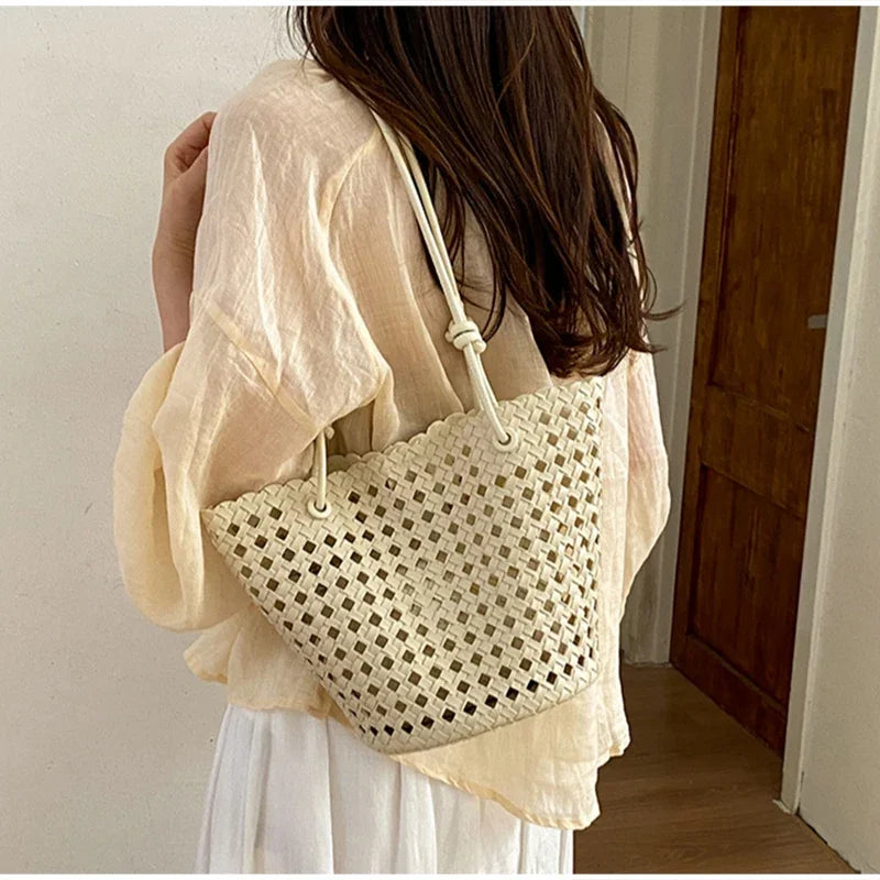 Hand-woven Openwork handBag With Zipper Inner Pocket,summer Pu Leather Beach Bucket Bags,large Capacity Simple Shopping handBag