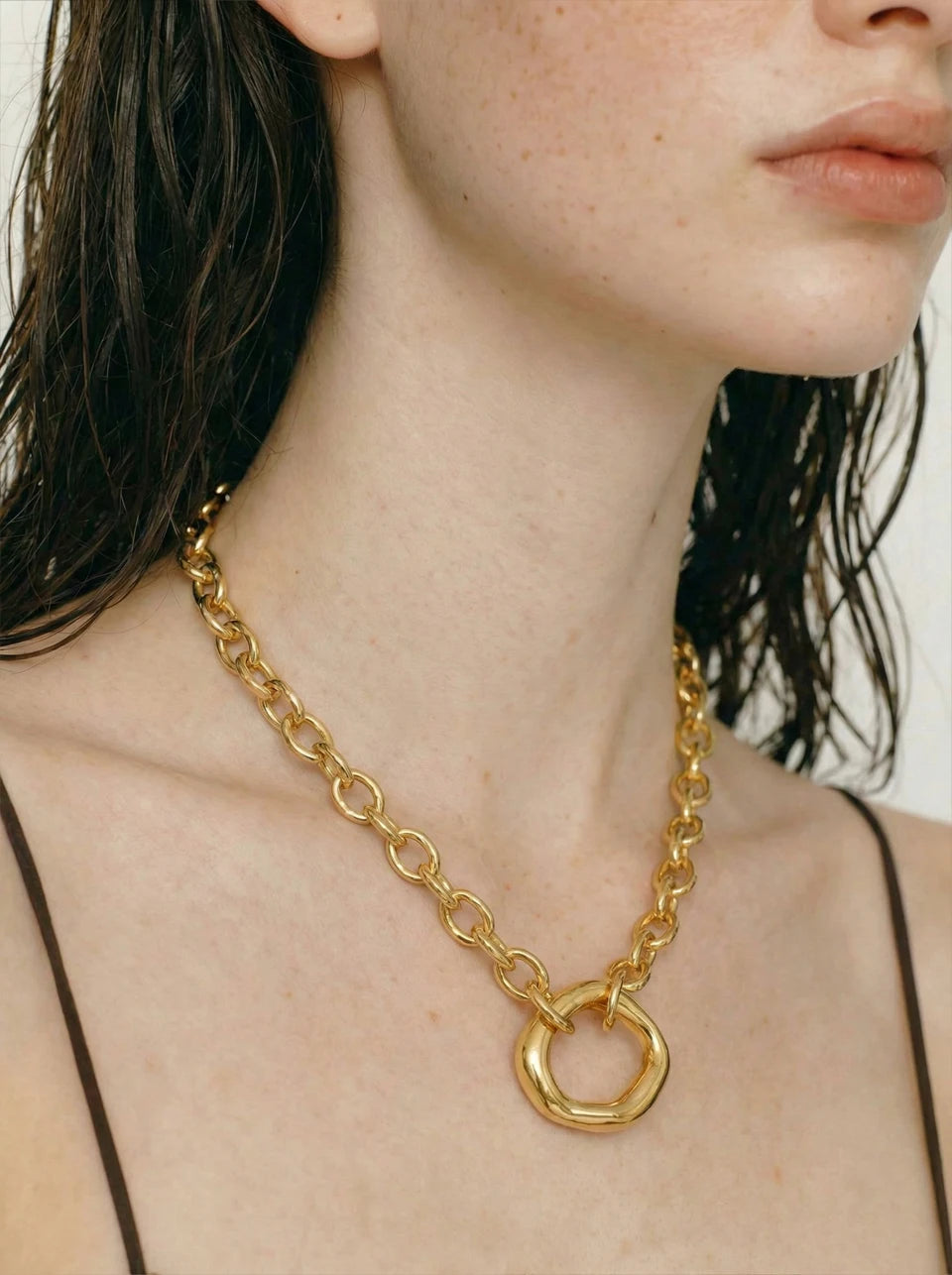 Yhpup Stainless Steel Metal Hollow Round Pendant Statement Necklace 16K Golden Platinum PVD Plated Daily Casual Collar Jewelry