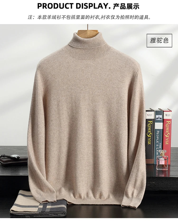 Autumn/Winter Men's 100% Cashmere Pullover Business Casual Solid Knitted Sweater Loose High Collar Tops Basic Thick Warm Jumper