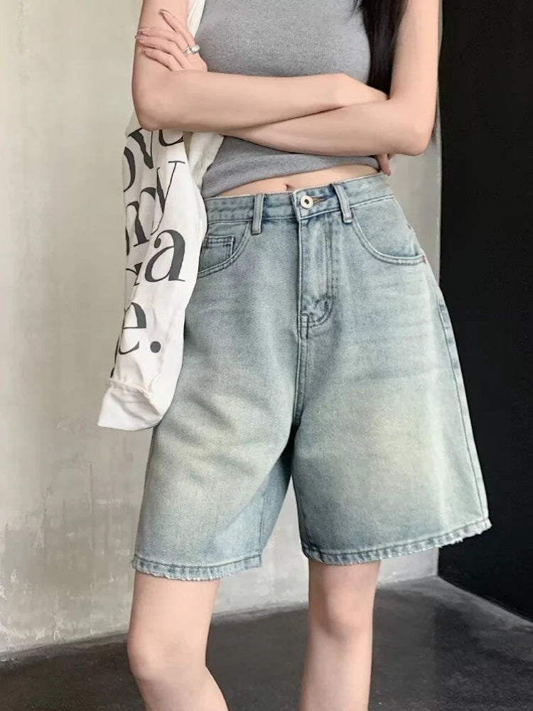 Summer High Waist Retro Jean Shorts for Women Loose Straight Denim Fashion Versatile Leisure Shorts Women's 2026