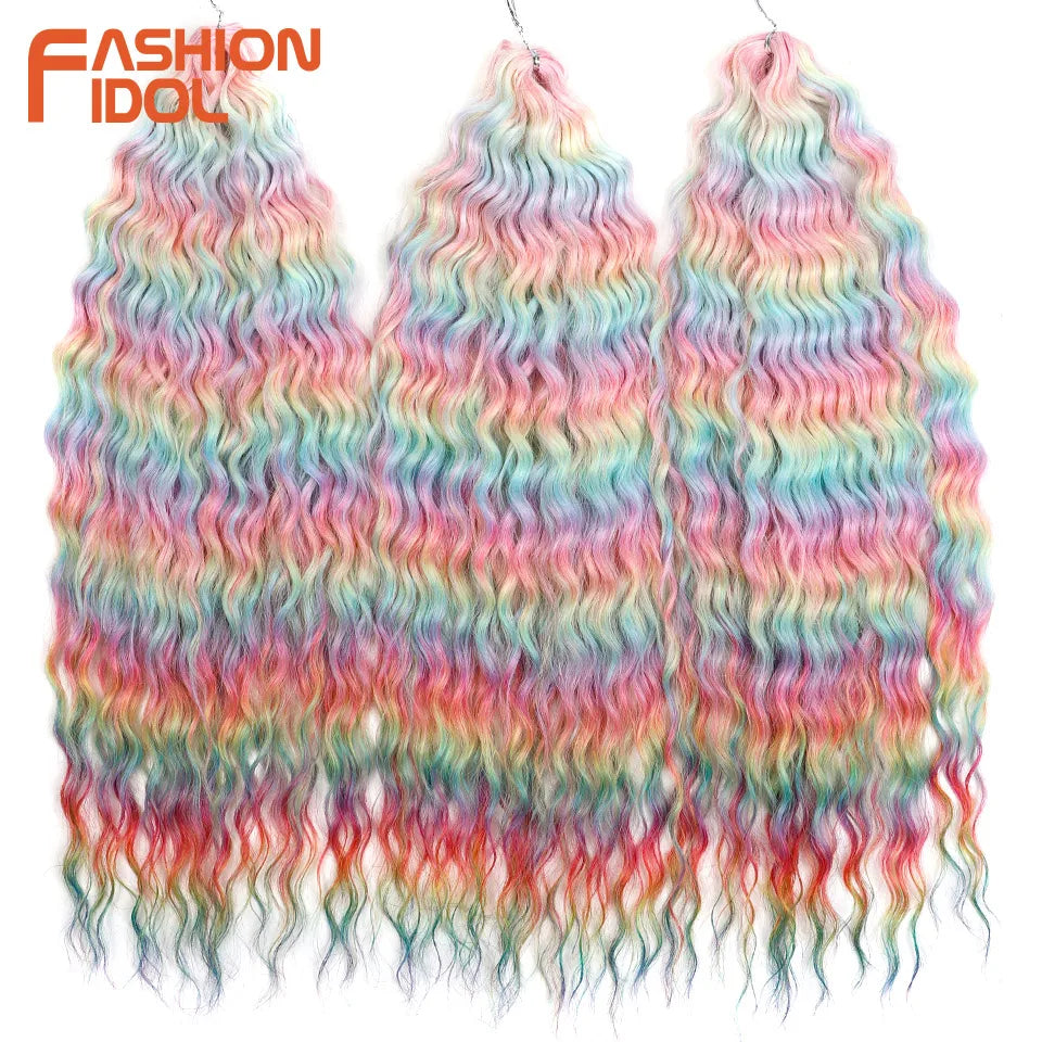 FASHION IDOL 24 Inch Ariel Hair Synthetic Crochet Curly Hair Water Wave Braid Hair Ombre Pink Deep Wave Braiding Hair Extensions