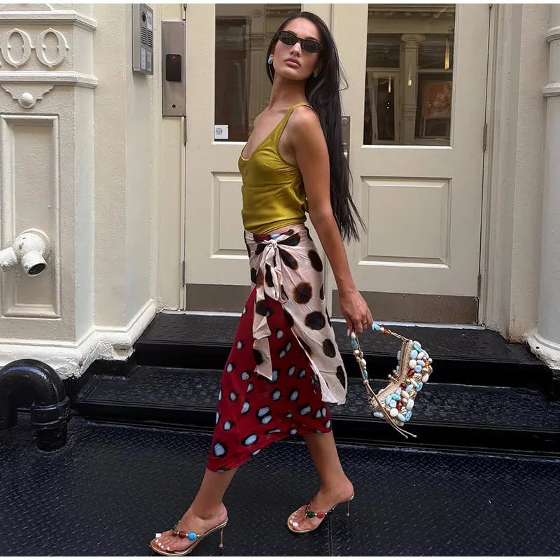High Waist Wrap Tie Midi Skirt Color Block Abstract Floral Patchwork Print Flowy Satin Skirts 2026 Summer Holiday Boho Chic Wear