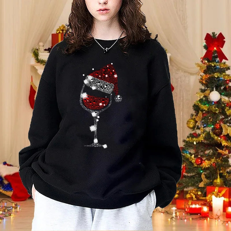 Autumn Winter Fashion Christmas Red Wine Glasses Woman Round Neck Pullover Christmas Casual Loose Sweater Red Wine Glasses Top