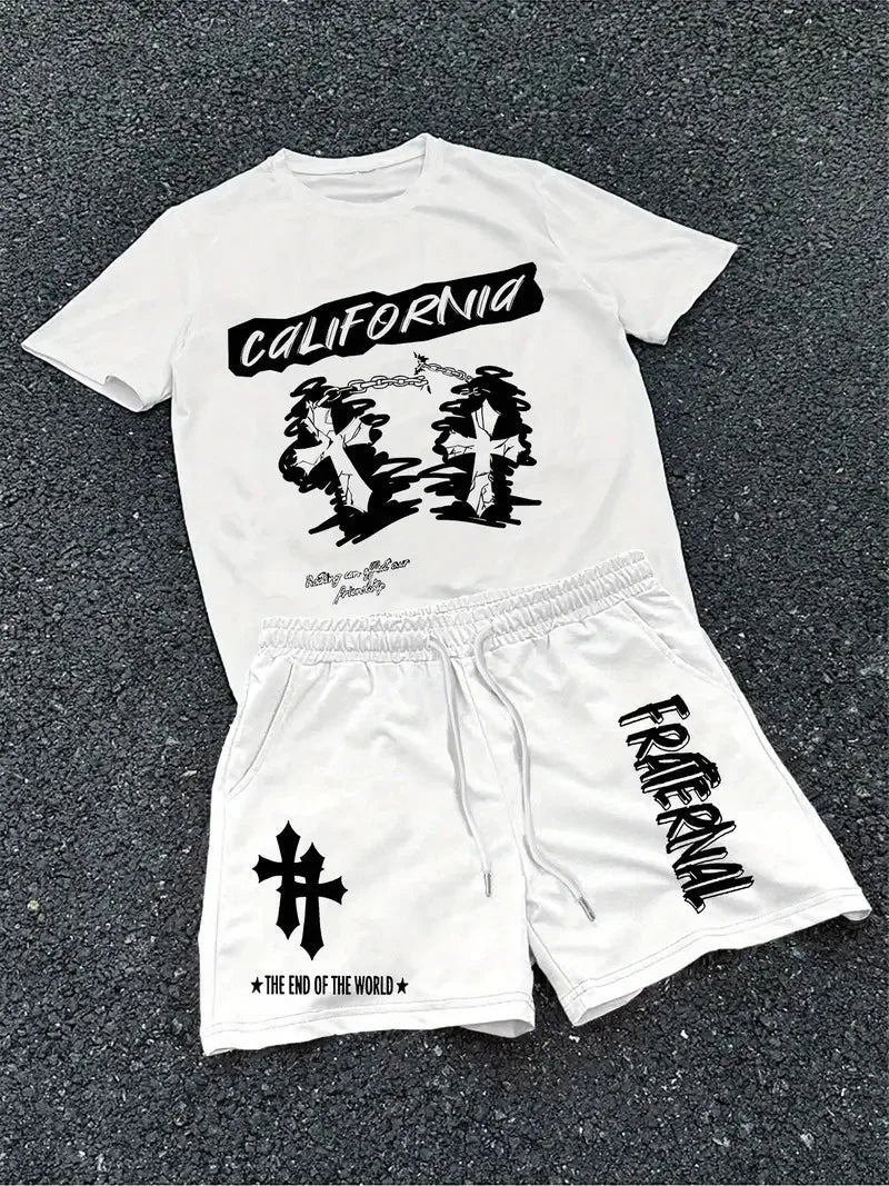 The 2025 Summer New Men's Set Features Street Hip-Hop Casual Fashionable Comfortable and Soft 3D Cross Pattern Print