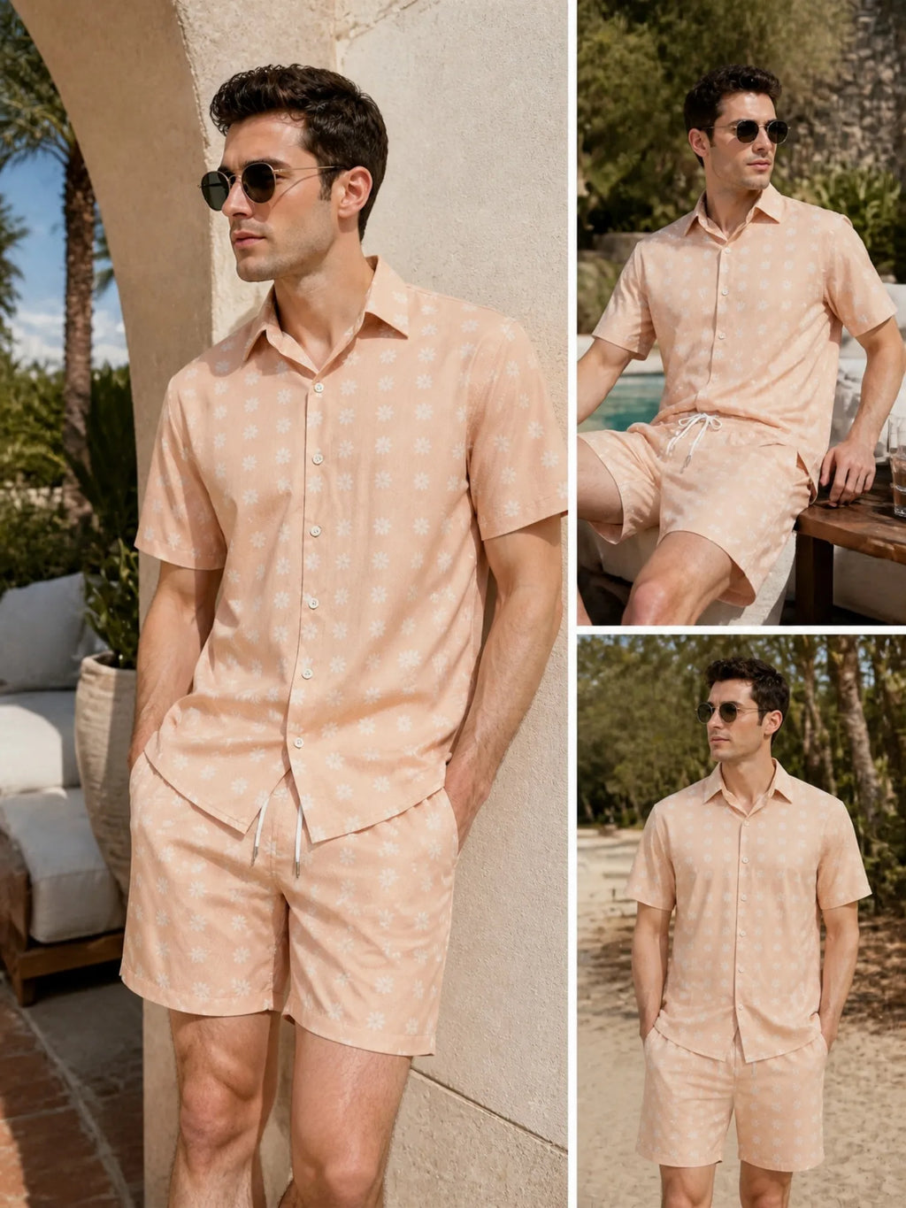 Mens Floral Short Sleeve Shirt and Drawstring Shorts Set Beach Vacation Relaxed Summer Two Piece Weekend Beach Outfit Travelwear
