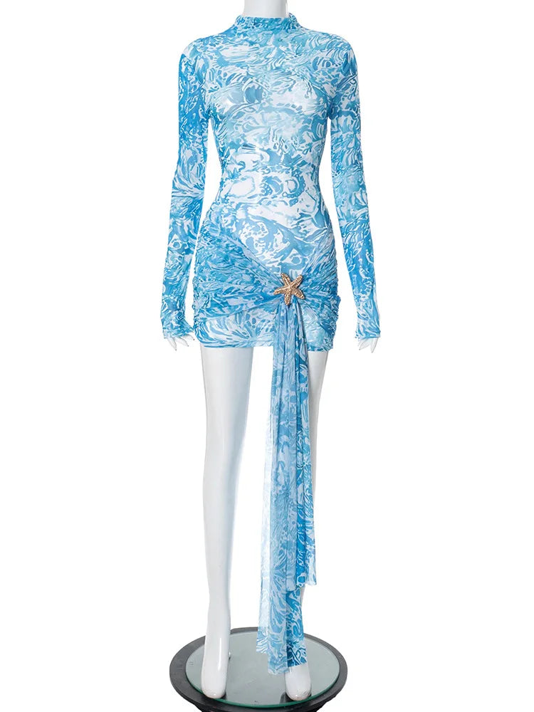 Women Blue Print Mesh Short Dresses Chic Sexy Summer Long Sleeve See-through Bandage Starfish Holiday Beach Dress Streetwear Hot