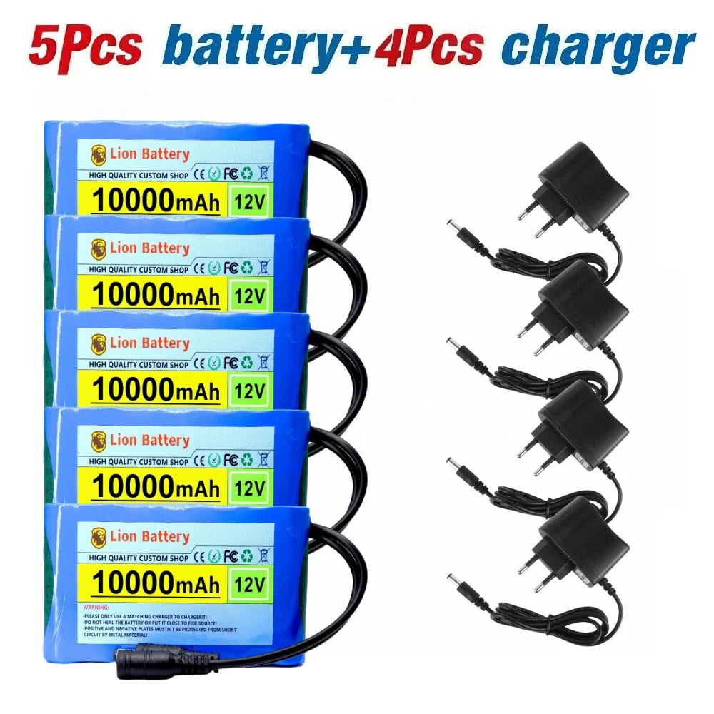 Original New Portable 12V Battery,10000mAh Rechargeable Lithium-ion 18650 Battery Pack, DC 12.6V Charger, CCTV Audio Amplifier