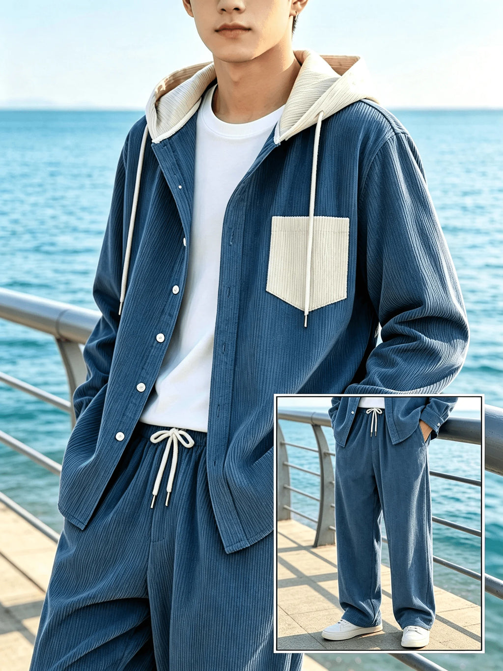 Men Corduroy Tracksuit Set Fixed Hooded Shirt Jacket And Drawstring Wide Leg Pants 2 Pieces Outfit Casual Streetwear Suit