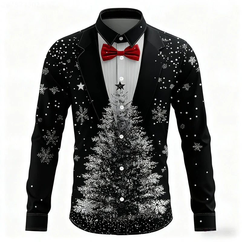 Red Christmas Shirts For Man Snowflake Bow Tie Christmas Shirt Long Sleeve Fashion Holiday Gift Shirt Oversized Mens Clothing