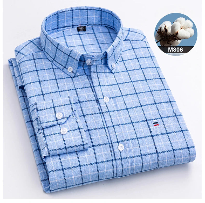 New in ShirtPlus Size 7XL 100% Cotton Sanding Long-Sleeve Shirts for Men Slim Fit Plain Shirt Striped Plaid Single Pocket Clothe