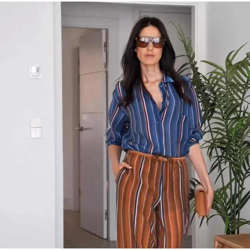 Vacation Geometric Printed Loose Pants Set Women Lapel Full Sleeve Pocket Shirts Wide Leg Pant Suits 2026 Autumn Street Outfit