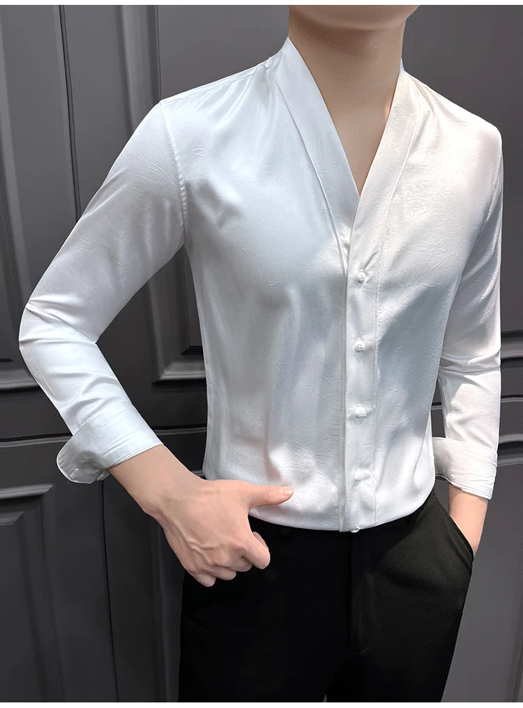 High-End Casual Shirts Men 2025 Spring British Style Slim Fit V-neck Shirt Long Sleeve Business Social Wear Men Clothing