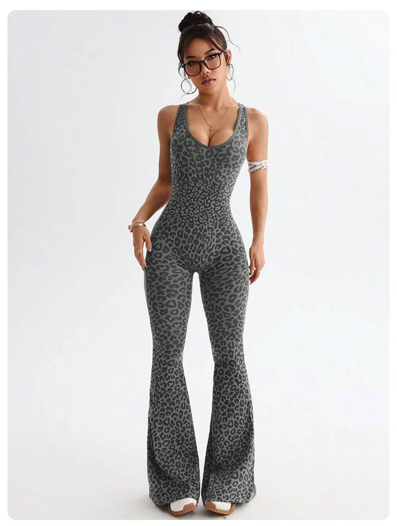 Seamless Leopard Yoga Jumpsuit with Pads Sport Clothes Bodysuit Sleeeless One-Piece Workout Clothes Gym Leggings Sportswear