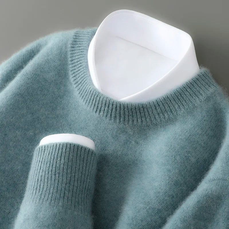 100% Australian Wool Knitted Men's O-Neck Sweater, Casual Business, Spring and Autumn Men's Long-Sleeved Pullover New Sweater