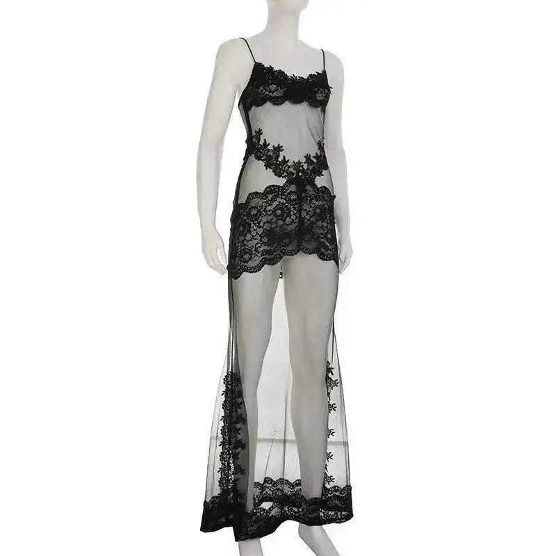 Lace Transparent Mini Dress For Women's Shestyle Embroidery Flower Mesh Transparent Flare Outfits Prom Nightwear Club Long Dress