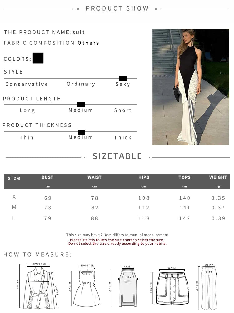 Nibber Folds Maxi Dress Women Black White Patchwork Peach Butt Halter Backless Slit Summer Trend Temperament Clubwear Vestidos