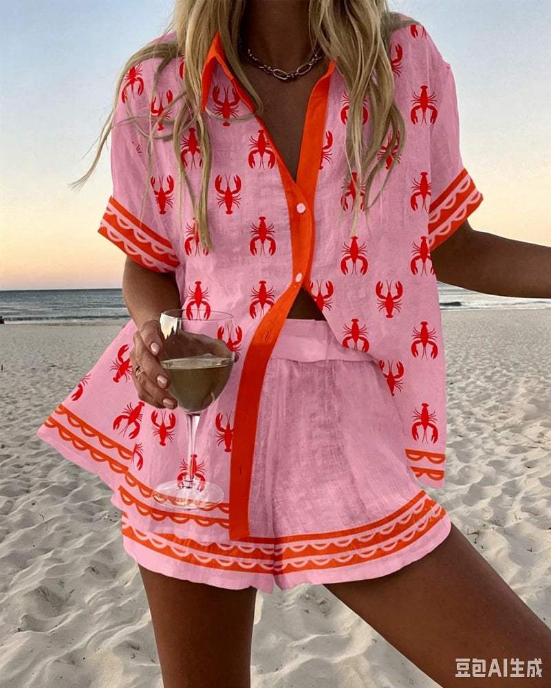 Holiday Summer Vacation Shorts Set 3D Printed Seaside Tropical Casual Lapel Shirt Blouse Top Shorts 2-Piece Suits Beach Clothes