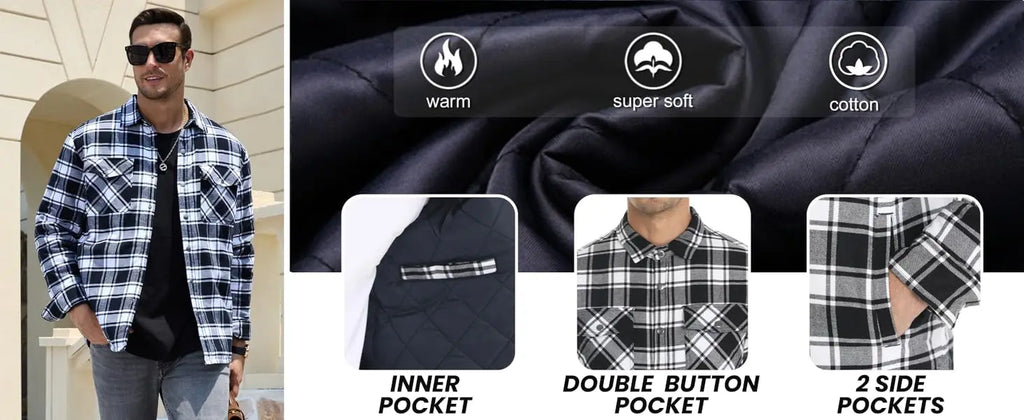 MAGCOMSEN Flannel Shirt with Quilted Lined Jacket Mens Long Sleeve Plaid Shirt Coat Button Down Outerwear Winter Male