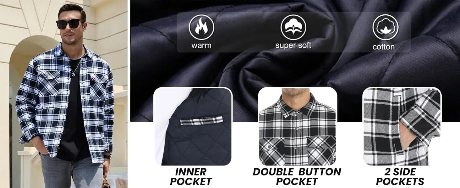 MAGCOMSEN Flannel Shirt with Quilted Lined Jacket Mens Long Sleeve Plaid Shirt Coat Button Down Outerwear Winter Male