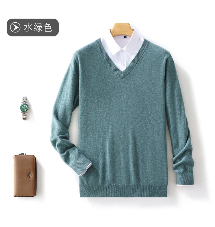 100% Merino Wool Men's V-Neck Pullover Autumn and Winter Basic Knit Versatile Sweater Casual Long Sleeve Shirt Cashmere Man Top
