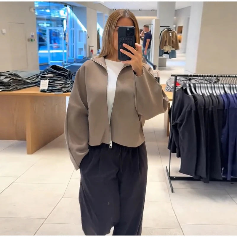 Elegant Knitted Zipper Women's Sweater Solid Full Sleeve Stand Collar Loose Open Stitch Female 2026 Fashion Autumn Outwear Lady