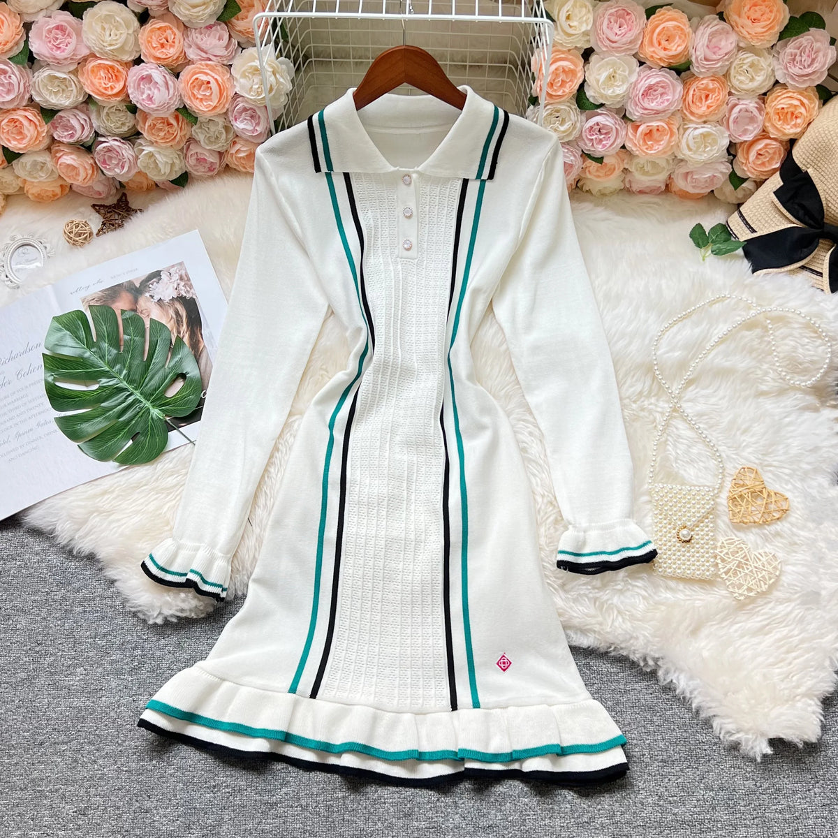 YuooMuoo Chic Fashion Sexy Package Hips Knitted Mini Dress 2026 Summer Vintage Turn-down Collar Ruffled Party Dress Streetrwear