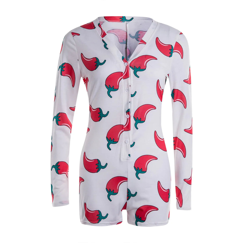 Women Long Sleeve Low Cut Bodycon Sleepwear Spicy Print Short Romper Pajamas Overalls Spring Autumn Housedresses