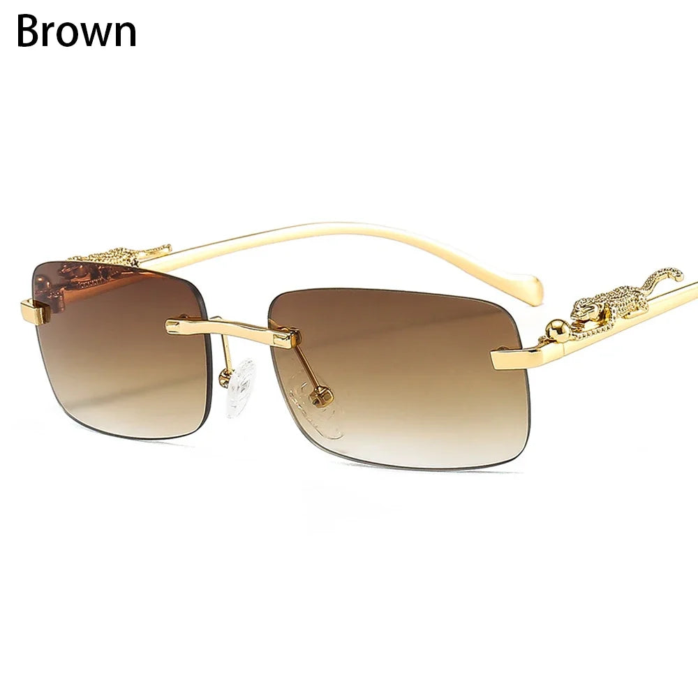 Unisex Luxury Rimless Square Sunglasses - Brand Designer Leopard Head Metal Shade Eyewear Travel Driving