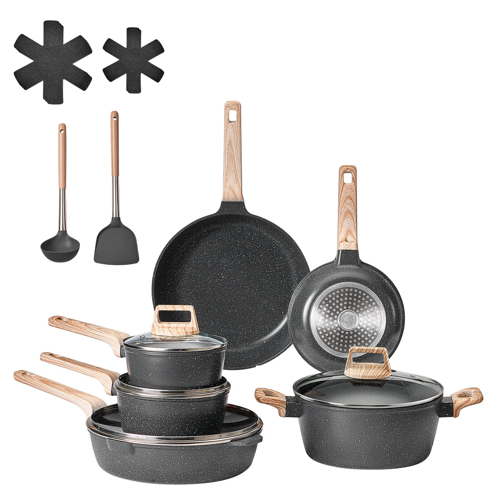SucceBuy 17 Piece Pots and Pans Set Nonstick Detachable Handle Cookware Kitchen RV Cooking Sets, with Frying, Sauce, Saute Temp