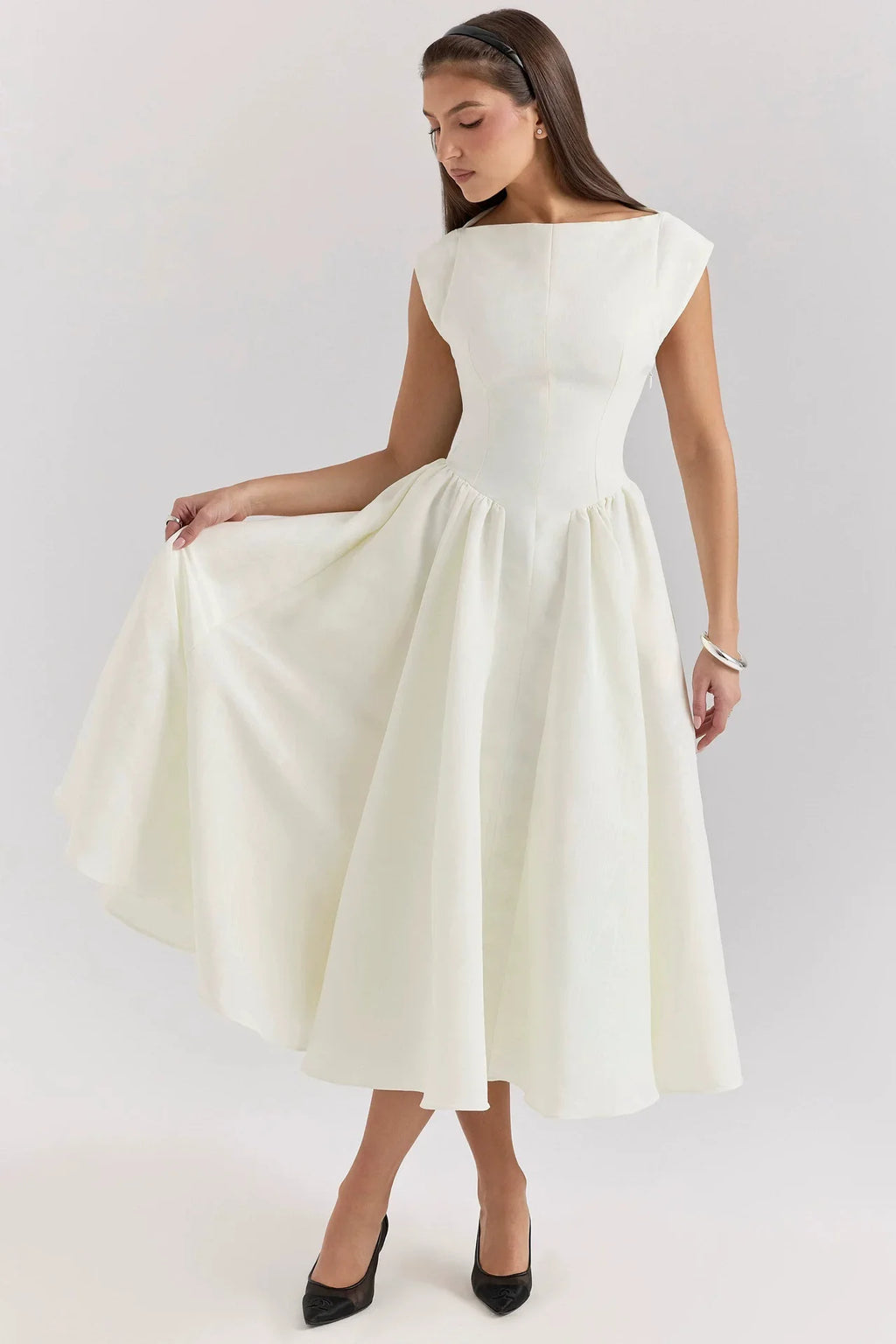 Summer Women Backless A-line Sexy Maxi Dress Gown Solid Hollow Out Sleeveless High Waist Club French Style Pleated Dress