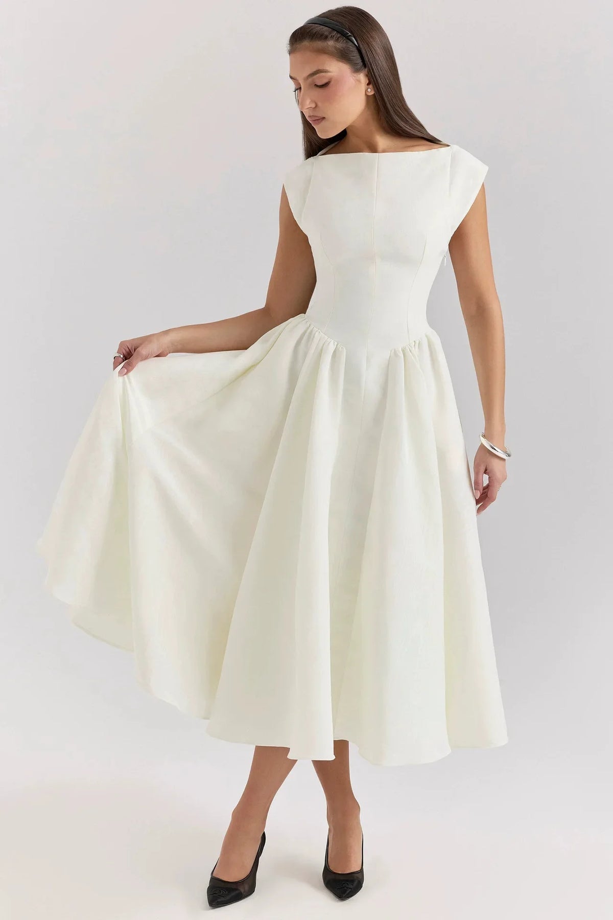 Summer Women Backless A-line Sexy Maxi Dress Gown Solid Hollow Out Sleeveless High Waist Club French Style Pleated Dress