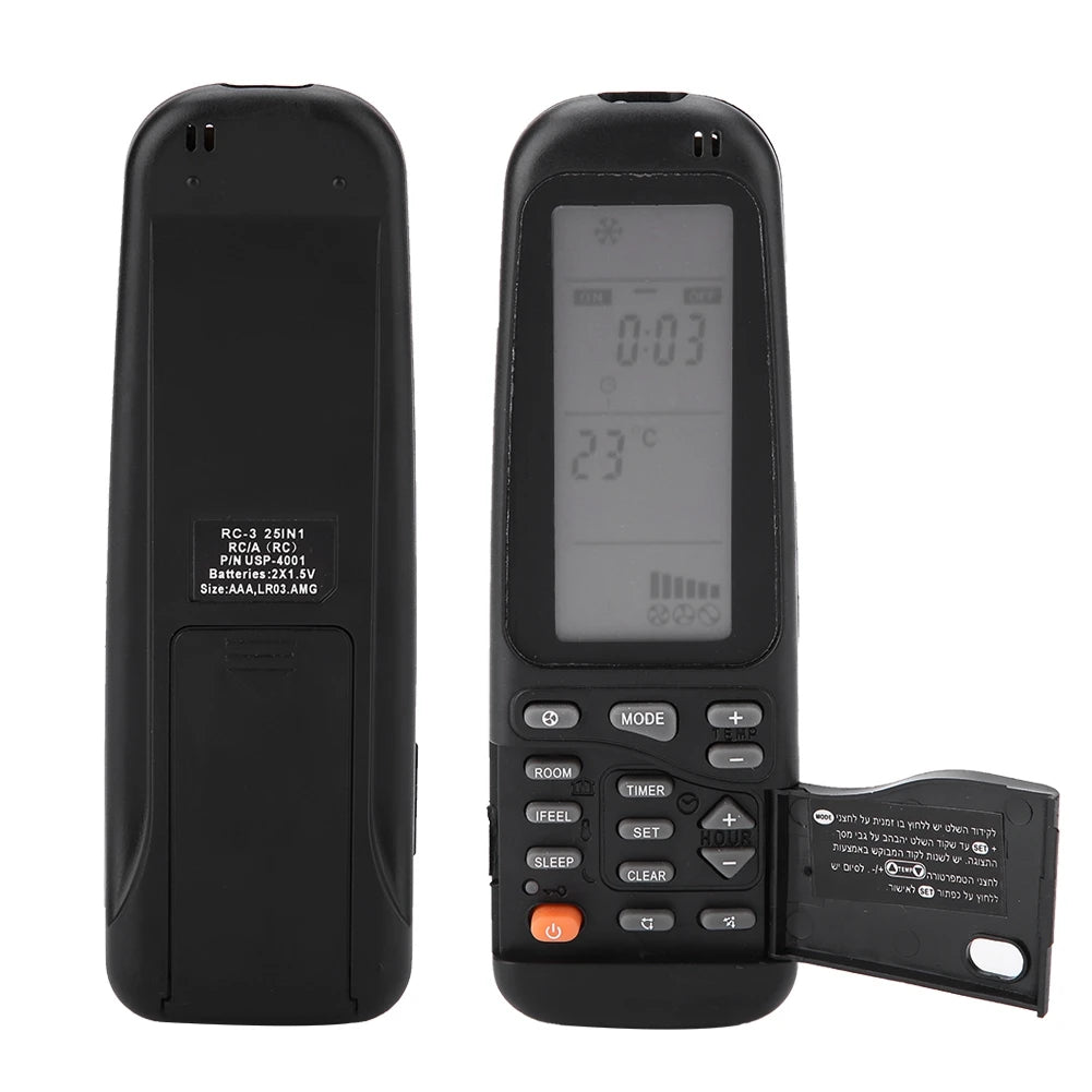 25 in 1 Universal Air Conditioner Remote Control for Electra Airwell Emailair Elco RC3 Cool Dehumidify Fan Timer LED Not Battery