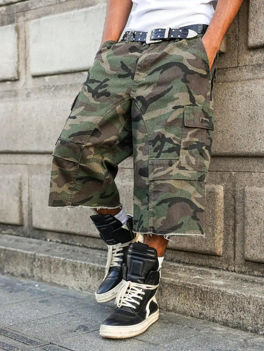 PAVTROS Manfinity Streetrush Men's Casual Cargo Pockets Camouflage Frayed Hem Loose Denim Shorts Jorts Going Out Hang Out Party