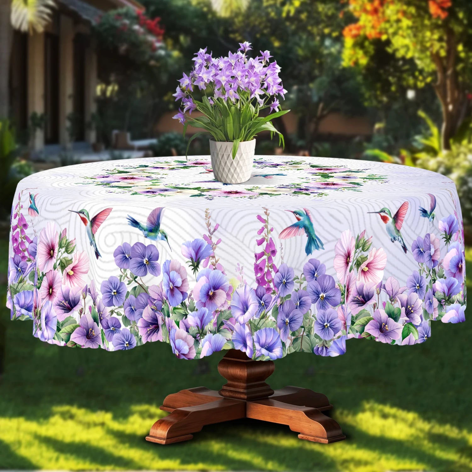 1 Piece, Purple Morning Glory Hummingbird Tablecloth + 4 Tablecloth Stickers, Morning Glory and Hummingbird Pattern Design, Holiday Table Decoration Cloth, Round/Rectangular Tablecloth, Suitable for Home Decoration, Room Deco