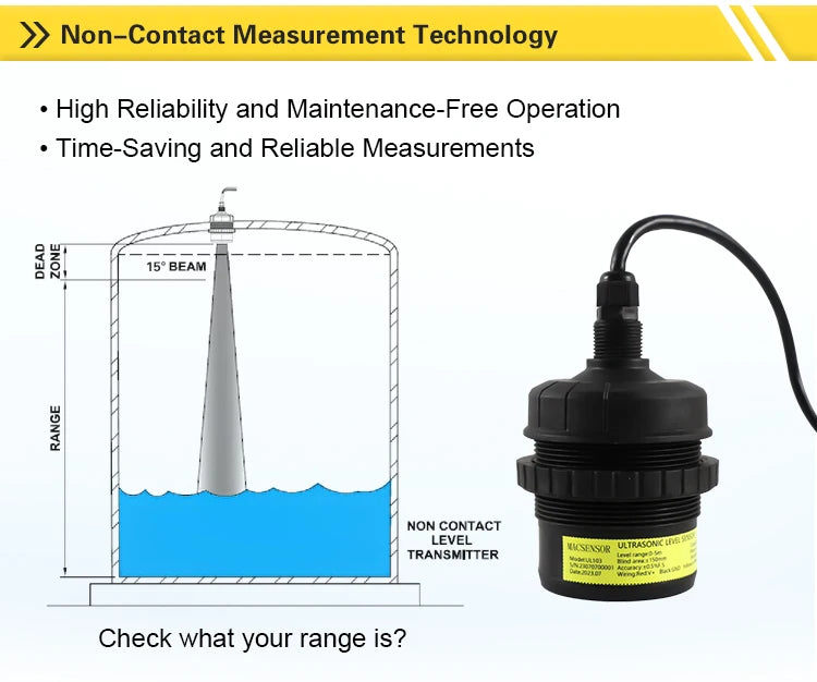 Ultrasonic Type Optional 5~ 15m 420ma 10-30 VDC 100mA Supply Seawater Level Sensor