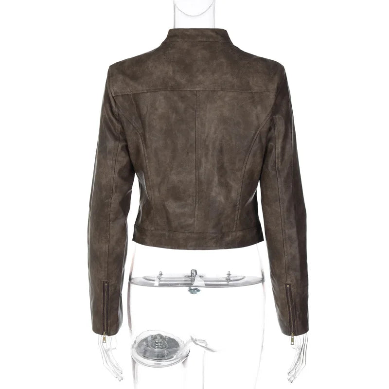 American Y2K Retro Distressed Brown Short Jacket 2026 Spring New Hot Girl Versatile Stand Collar PU Leather Jacket