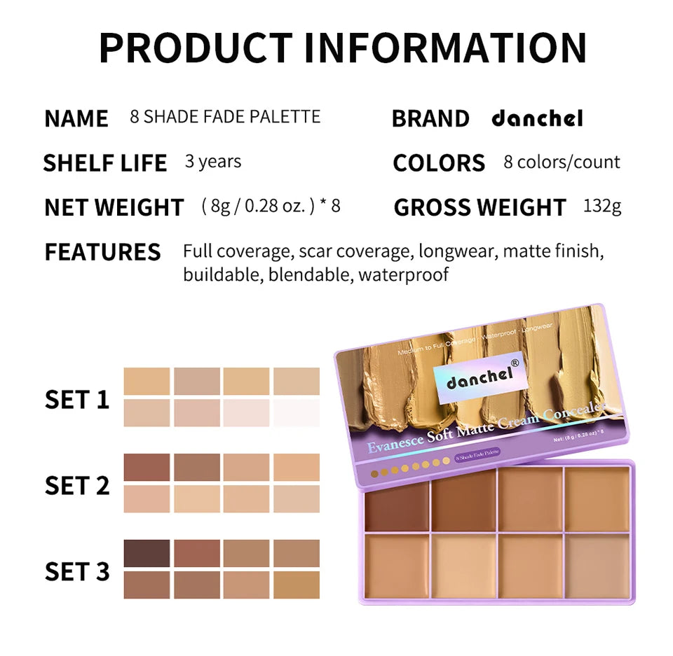 8 Shade Soft Matte Cream Concealer Palette Full Coverage Fade Dark Circles Blemishes Waterproof Long Lasting Oil Control Makeup