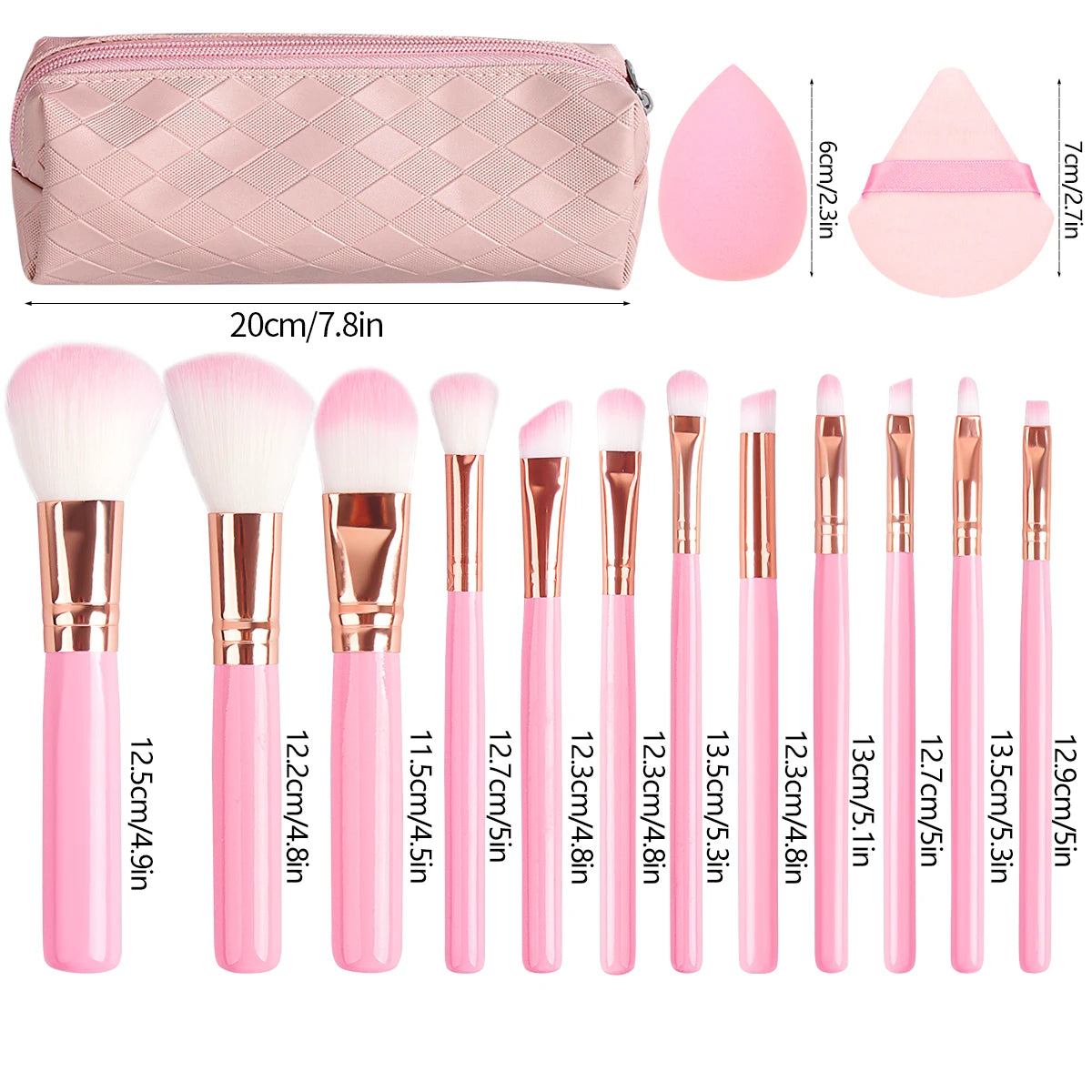 19PCS Set of 12 Beginner Makeup Brushes +3Pcs Non-Powder Makeup Eggs +3Pcs Triangular Powder Puff +1Pcs Storage Bag