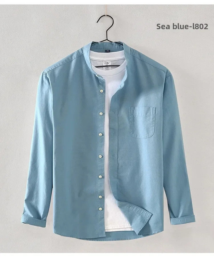 2027 Cotton Stand-up Neck Oxford Spinning Anti-wrinkle Casual  Spring  Autumn New Men's Shirt Jackets  Long Sleeve Shirt Men's