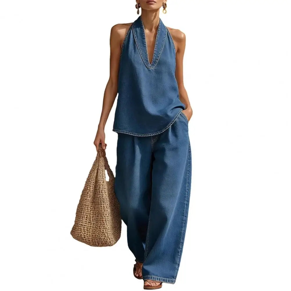 Women Denim Vest Pants Set Summer Vintage Washed Denim Sleeveless Hanging Neck V-neck tank top Straight Leg Pants OL Commuting