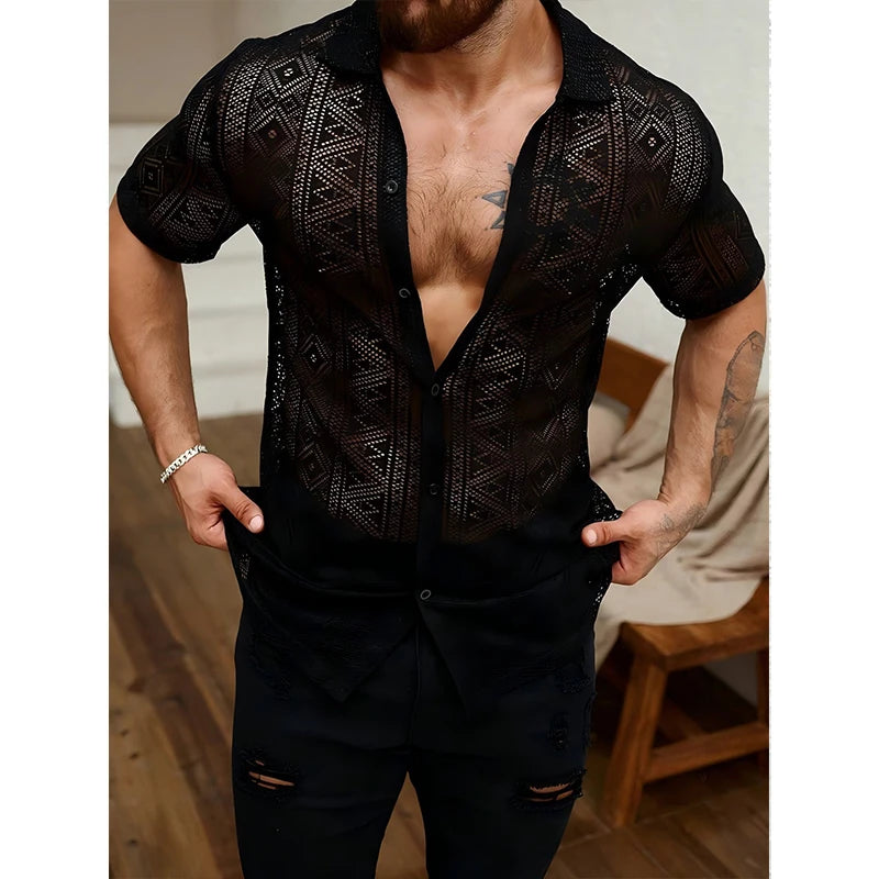 New Chic Men Sexy Lace Shirts Fshion See-through Button-down Short Sleeve Cardigan Tops Vintage Hollow Out Style Holiday Blouse