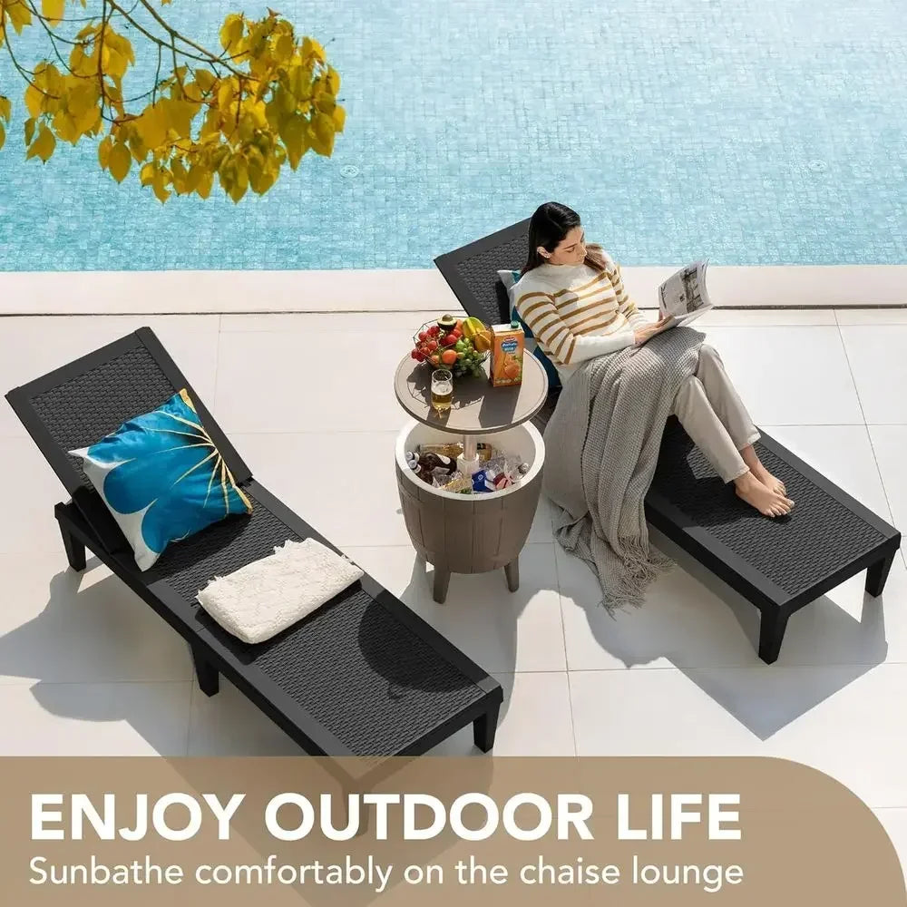 Black Outdoor Adjustable Waterproof Chaise Lounge Set of 2 for Poolside Patio