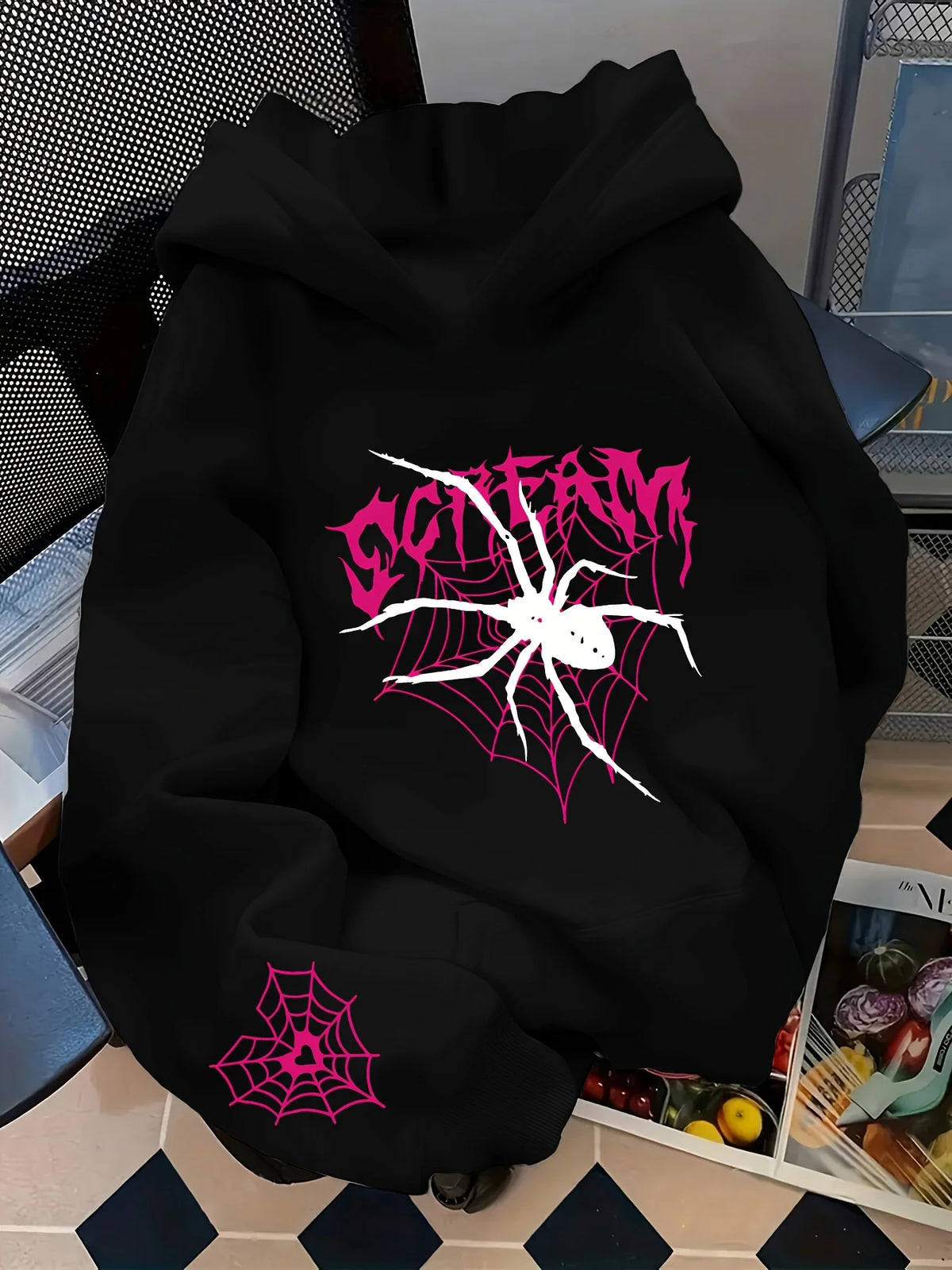 Men's Gothic Spider Print Hoodie Hip Hop Sports Casual Streetwear Pink Graffiti Pullover Sweatshirt Tops