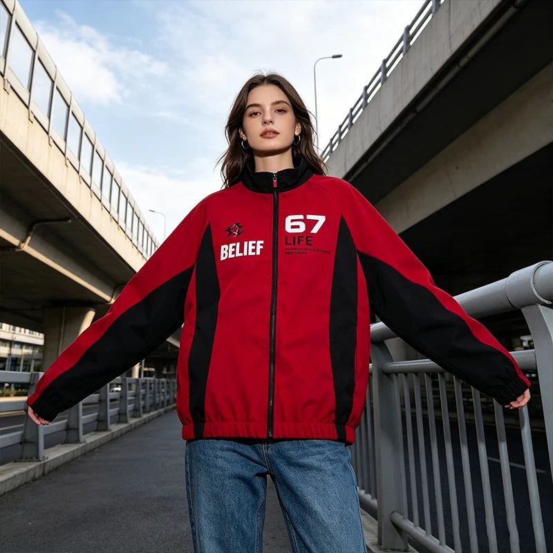 【Ready Stock】Retro Bomber Jacket For Men Racing Print Casual Loose Couple Windbreaker With Zipper
