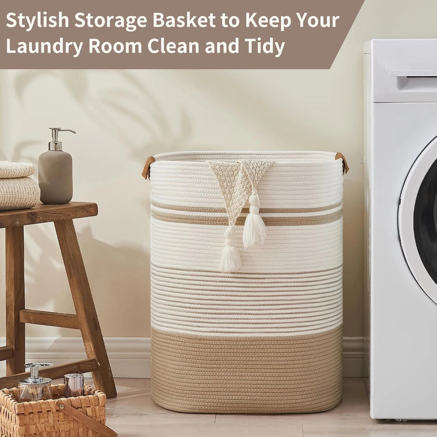 Laundry Basket, Blanket Basket for Bedroom Aesthetic, Laundry Hamper & Blanket Storage for Living Room, Woven Storage Basket