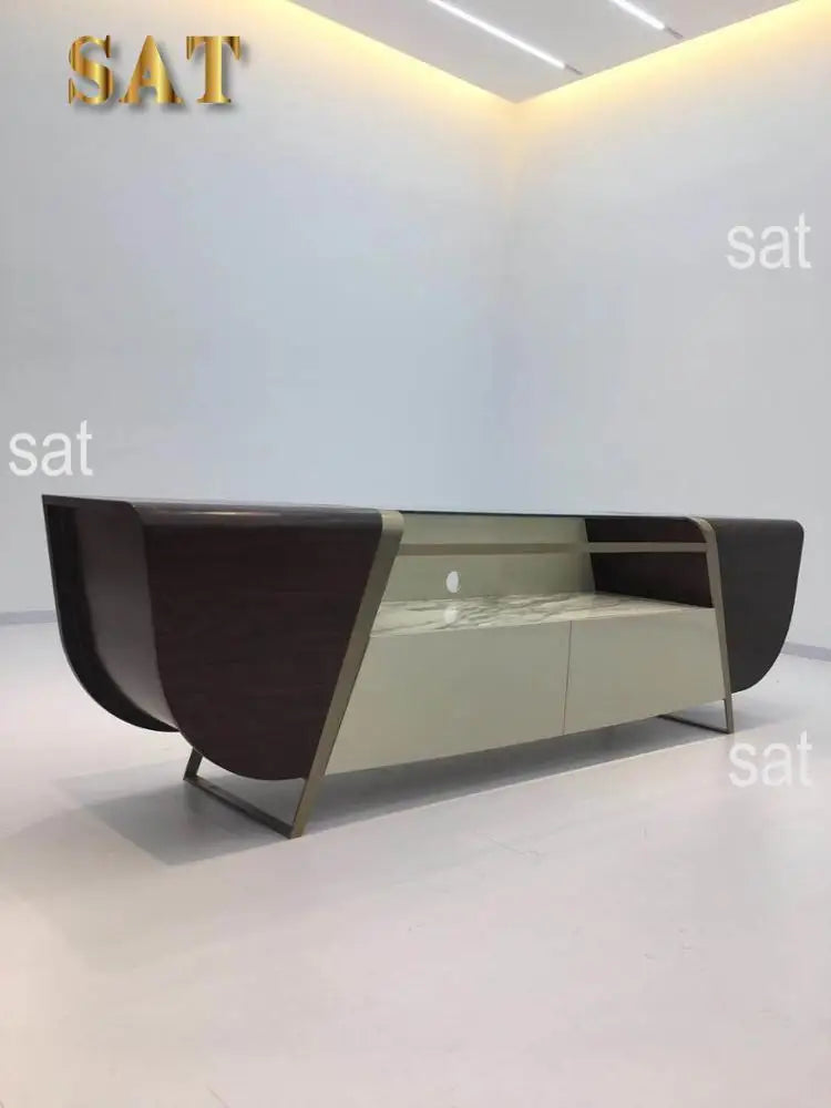 yt-Modern Living Room Walnut Glass Top Stainless Steel Cabinet TV Stand-