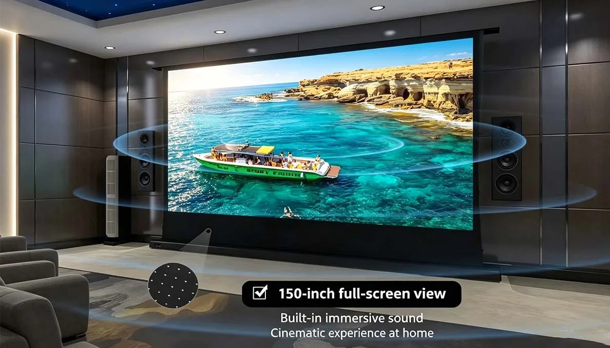Motorized Floor Rising ALR Acoustic Transparent Projector Screen, 8K High Contrast Perforated Short Throw Home Theater Screen