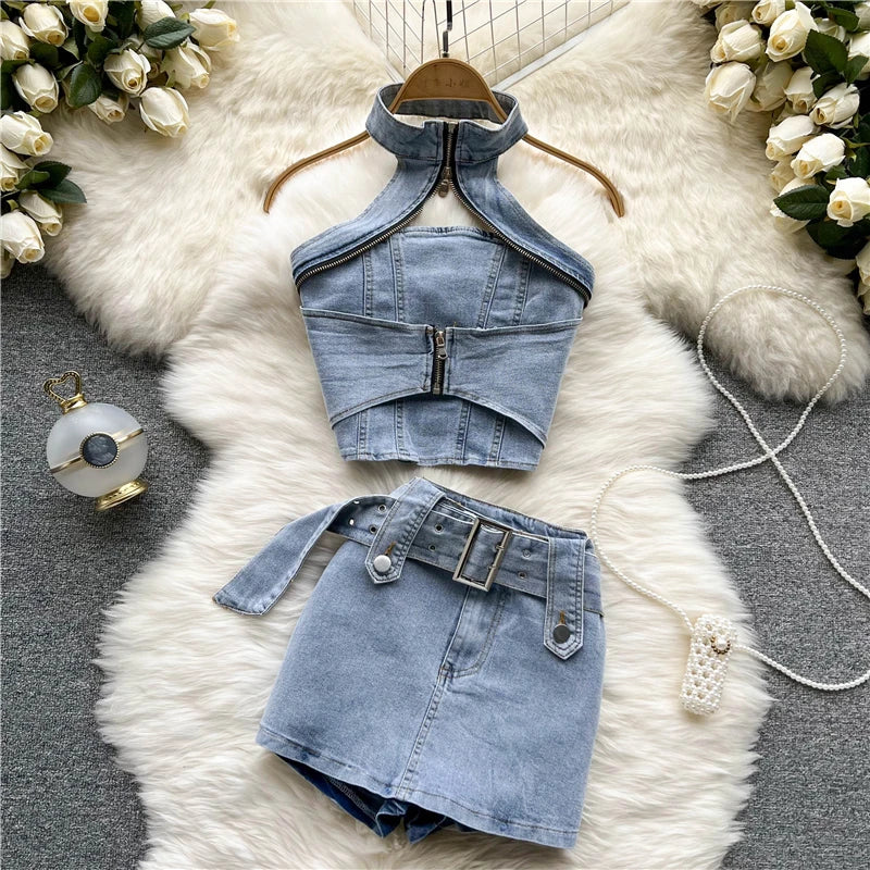 Sexy Women Summer Denim Jeans Halter Tops Mini Skirt Outfits Suits Backless Sashes Chic Style Bodycon High Waist Vestidos