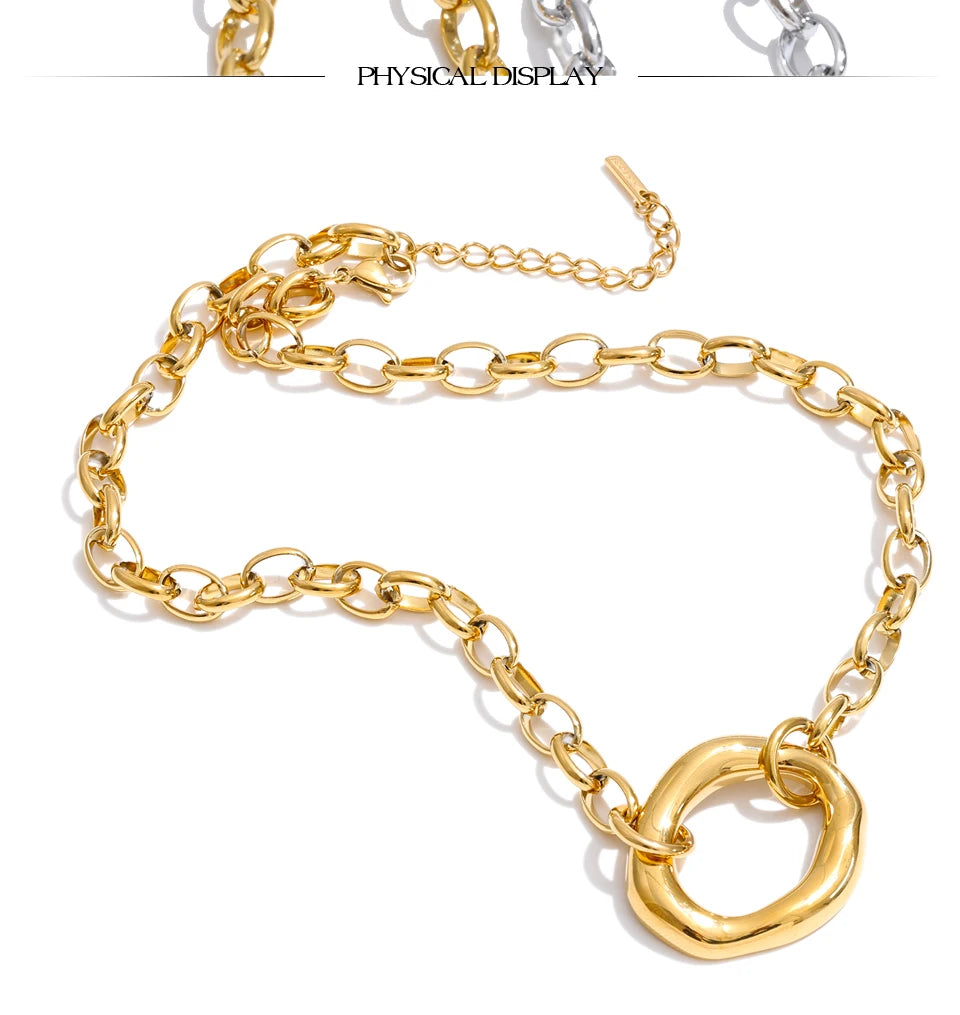 Yhpup Stainless Steel Metal Hollow Round Pendant Statement Necklace 16K Golden Platinum PVD Plated Daily Casual Collar Jewelry