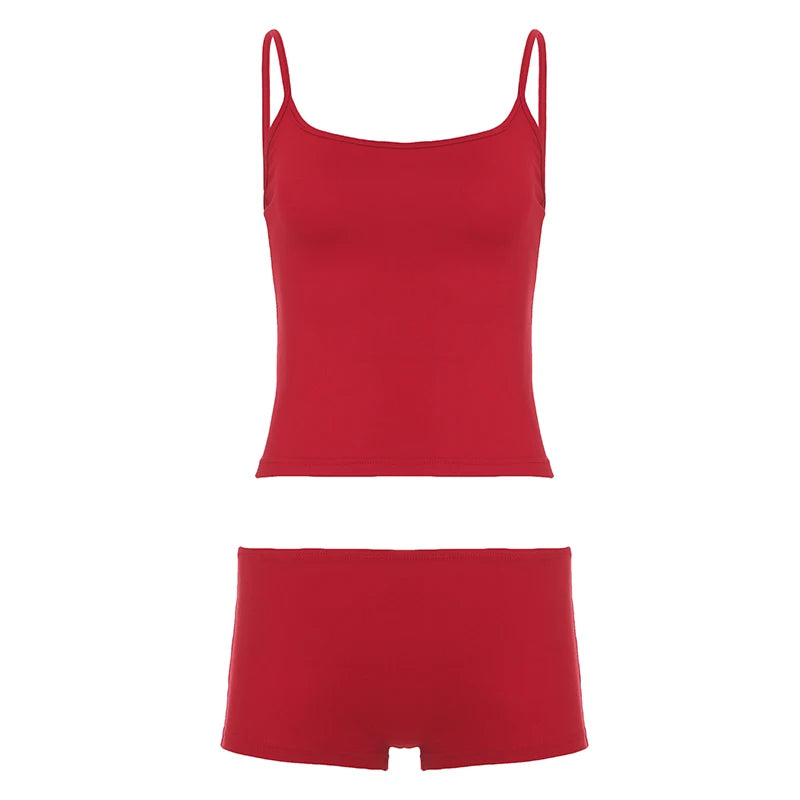 Women's Solid-Color Backless Sleeveless Loungewear 2-piece Set Vacation Spaghetti Strap Tank Top & Low-Rise Shorts Summer